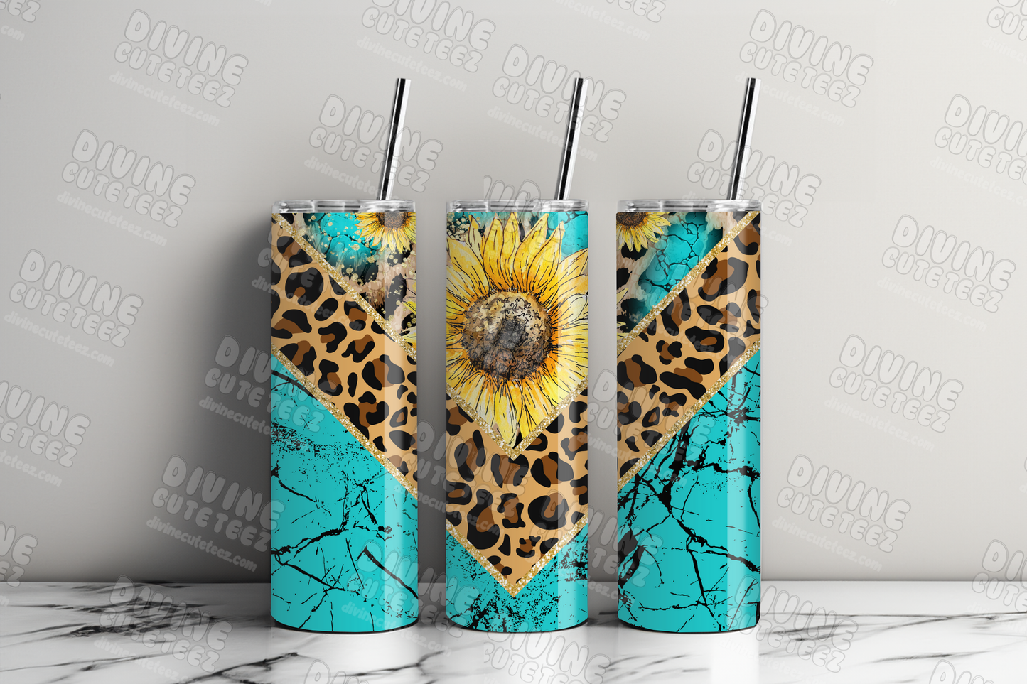 Teal Marble Cheetah Sunflower 20oz Sublimation Transfer