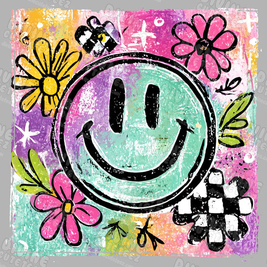Bright Floral Smiley DTF Transfer