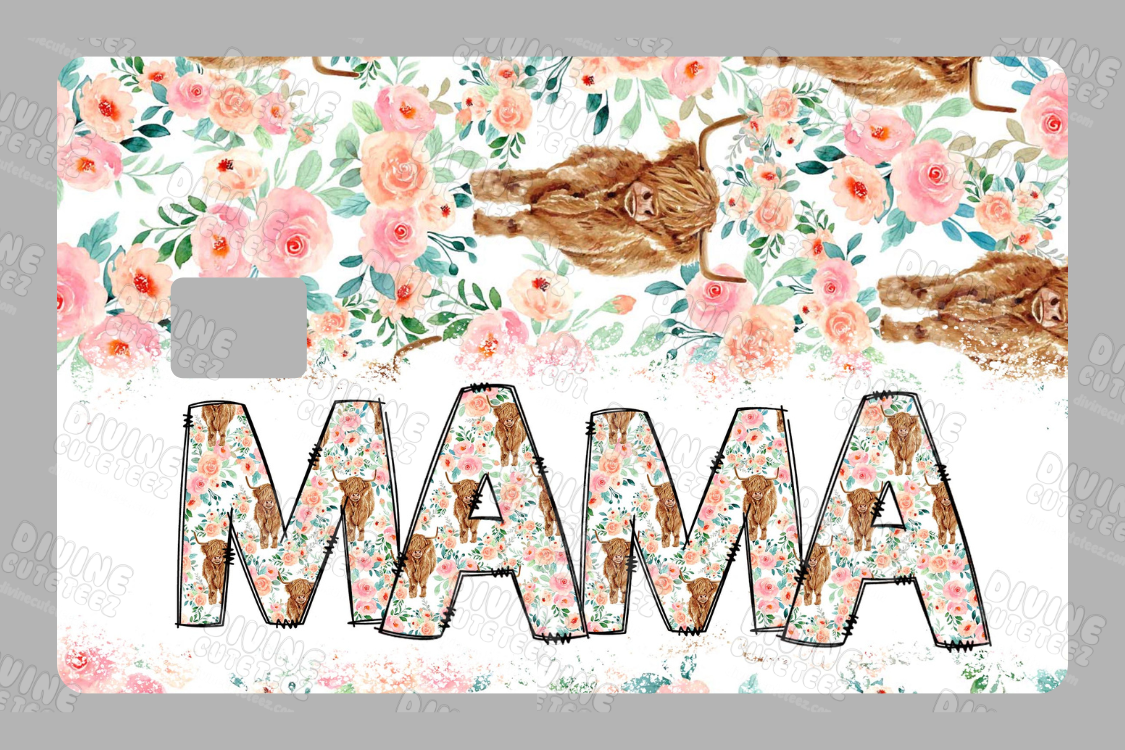 Highland Cow Floral Mama Card Skin UV-DTF