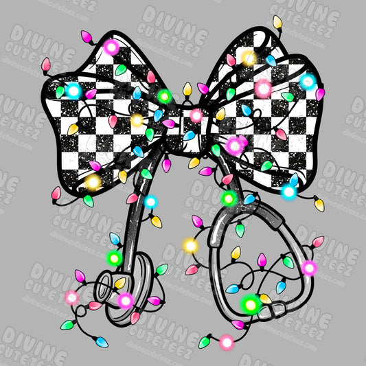 Checkered Christmas Light Stethoscope Bow DTF Transfer