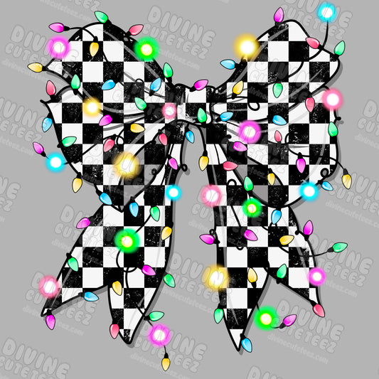 Checkered Christmas Light Bow DTF Transfer